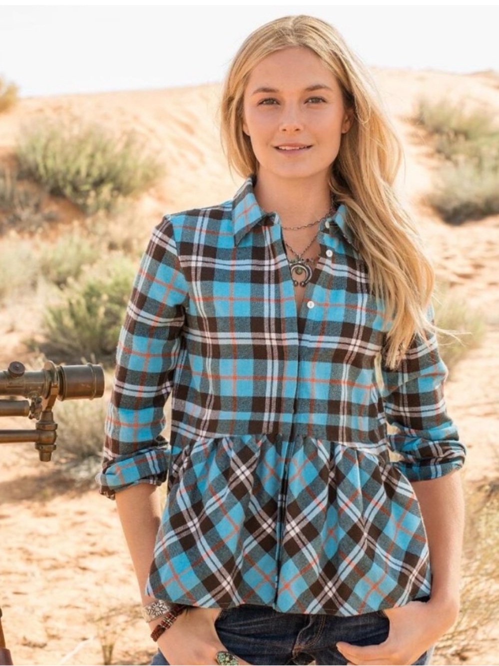 SUNDANCE Plaid Peplum Button-Front Baby Doll Top in Turquoise and Brown M